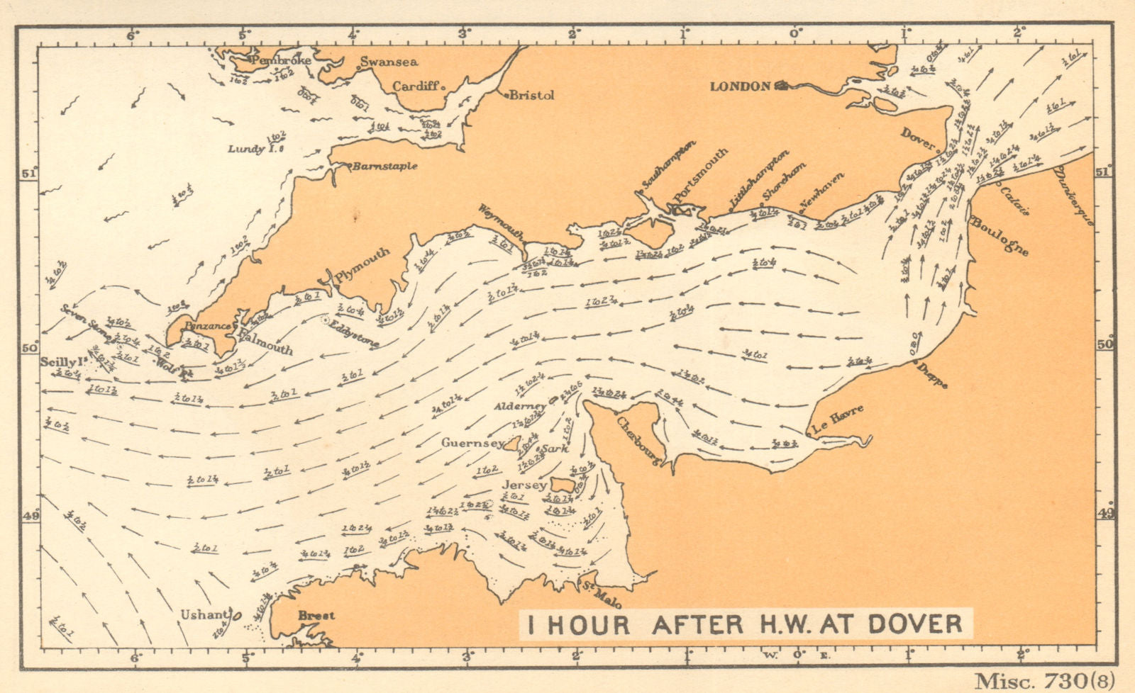 English Channel currents 1 hour after high water at Dover. ADMIRALTY 1943 map